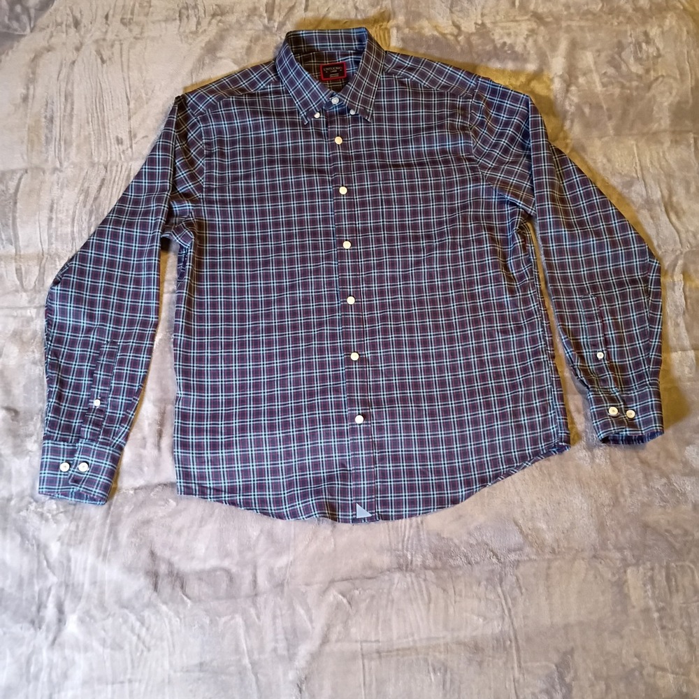 UNTUCKit Mens Large Navy Red Plaid Button Down Shirt Polyester Long Sleeve L